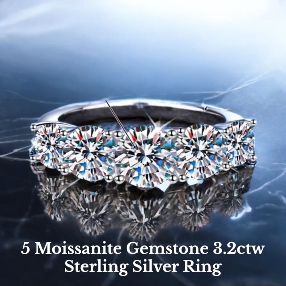 Brilliant 5 Moissanite Gemstone Sterling Silver Ring 3.2ctw - Picture 1 of 7